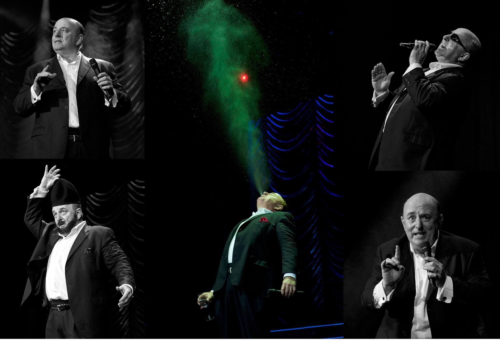 Five stage photographs of Scott Record in different characters, around a centre frame of him under a green spotlight